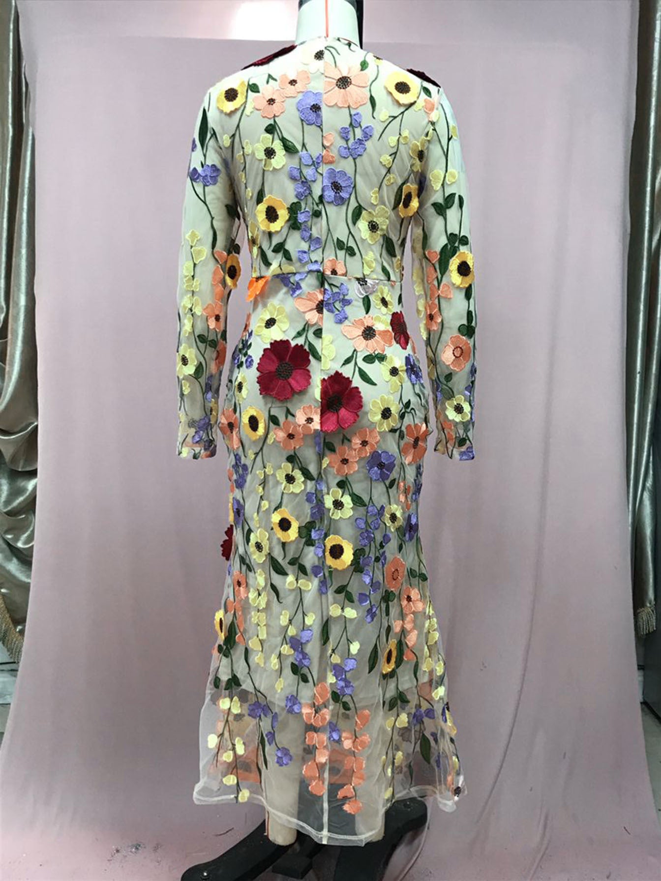 24 Cross-Border European and American Spring and Summer round Neck Colorful Three-Dimensional Flower Embroidery Mesh Slim Fit Sheath Fishtail Dress Dress