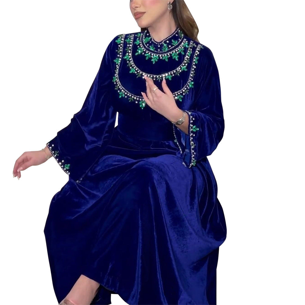 Xqy500249 Saudi Arabia Abaya Robe Velvet Zipper Green Drop-Shaped Diamond Middle East Dress