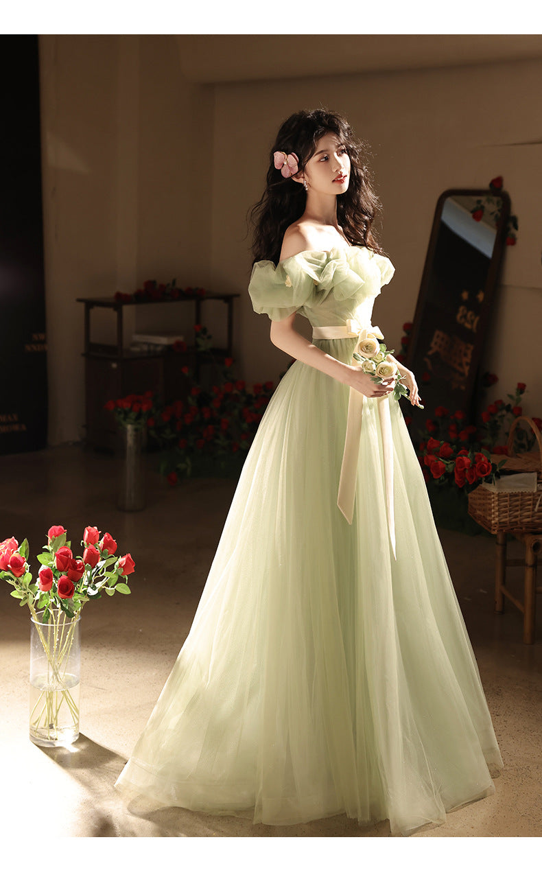 off-Shoulder Evening Dress High-End Affordable Luxury Niche Atmosphere Host Annual Party Dress Student Art Exam Performance Green