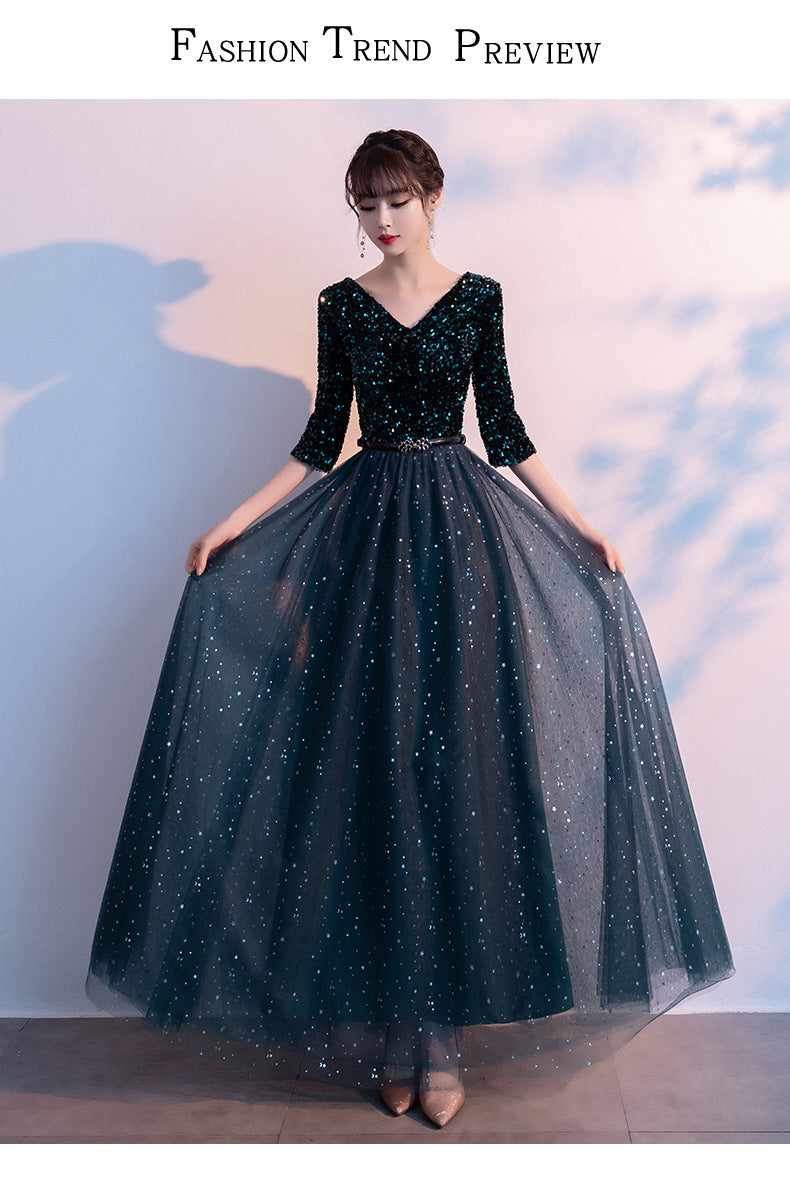 Dark Green Annual Party Evening Dress 2024 Autumn New Fashion Sexy V-neck Banquet Host Long Dress