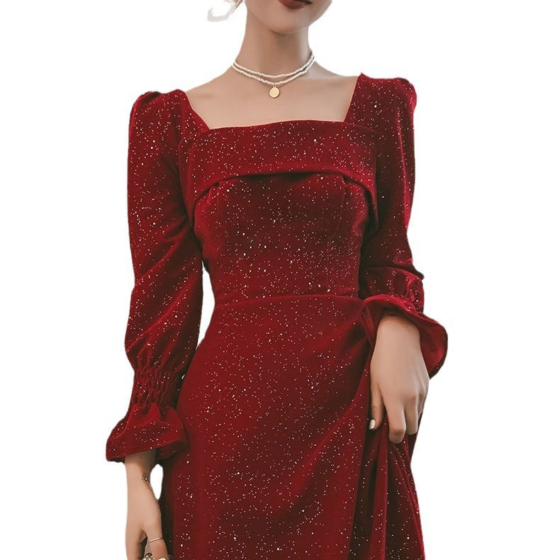 Bridal Red Party Marriage Engagement Formal Dress Long Sleeve Satin Square Collar Shiny Maxi Dress H2992p