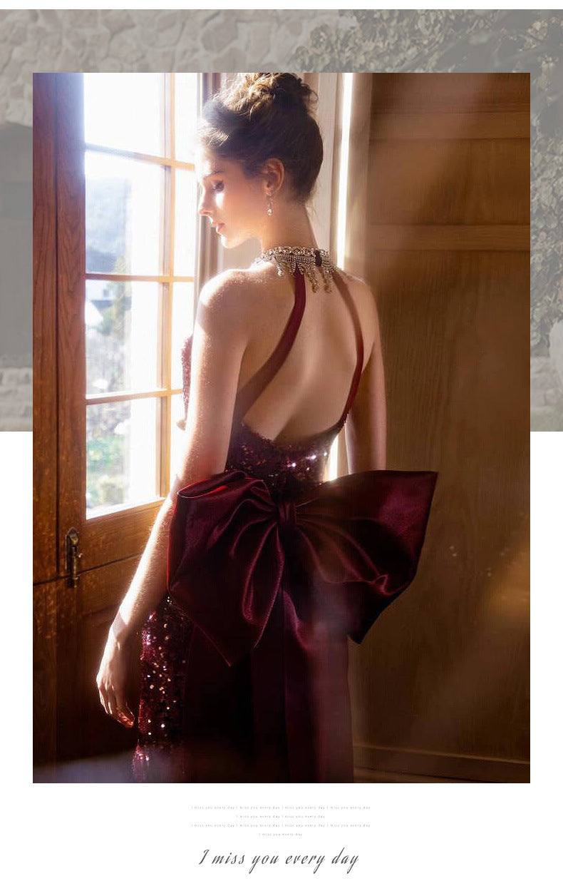 Sequined Toast Dress for Bride Wine Red Engagement Banquet Temperament Long Halter-Style Heavy Work Fishtail Evening Dress for Women