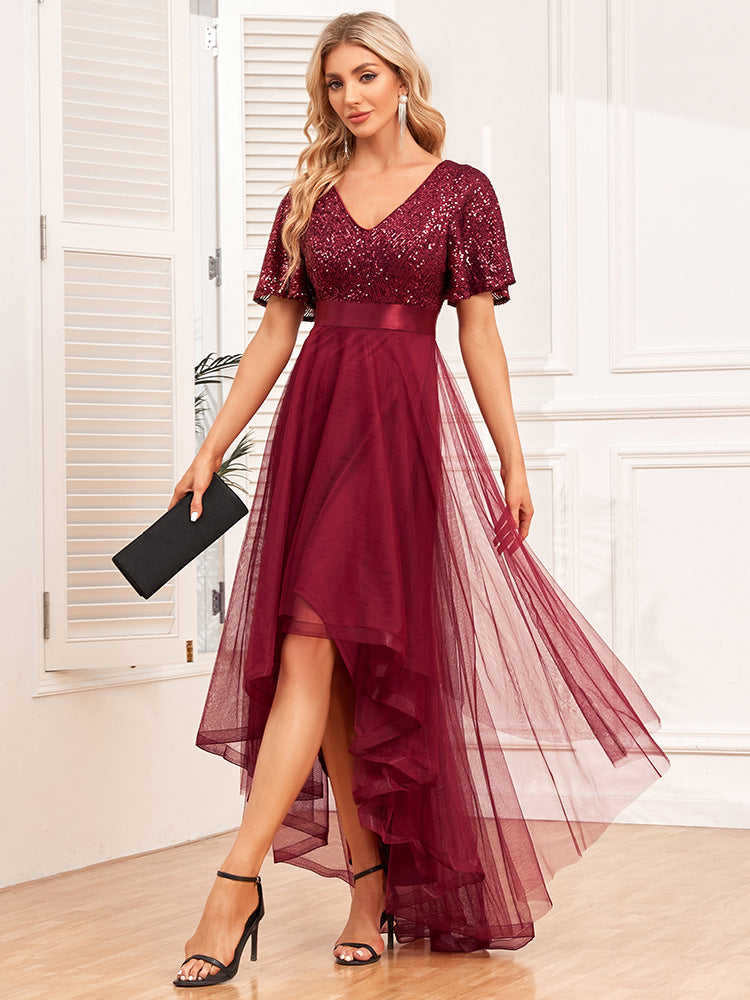 New Elastic Waist Stitching Elegant V-neck Ruffled Short Sleeves Evening Dress Swing Word Fluffy Tulle Irregular Long Dress