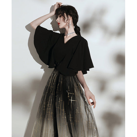 Small Dress Women's French Style 2024 New Elegant Ladies' Evening Dress Black Mid-Length Banquet Host Dress