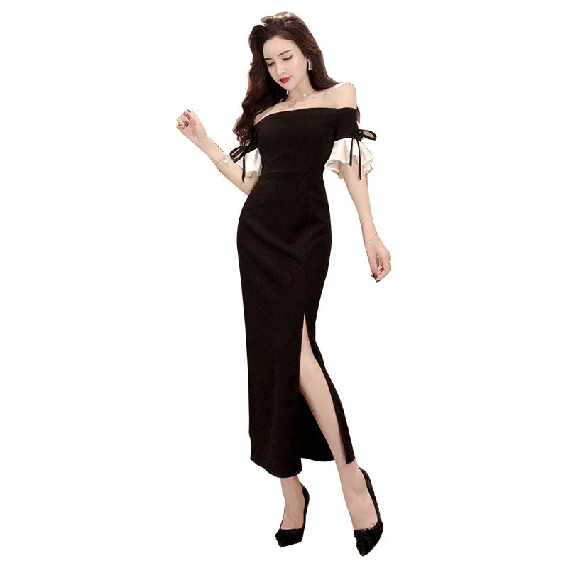 Women's off-Shoulder Black Banquet Evening Dress 2024 New Long Slim Fit Slimming Dress