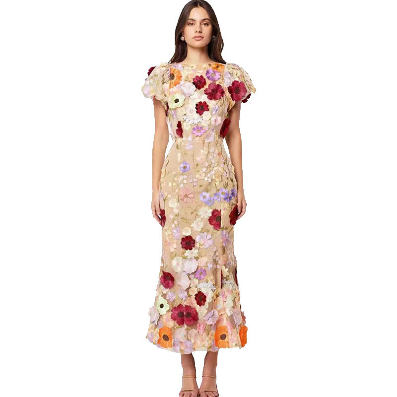 Spring 2024 Cross-Border New Arrival Light Luxury round Neck Embroidered Three-Dimensional Flower Puff Sleeve Mid-Length Dress Hip Skirt