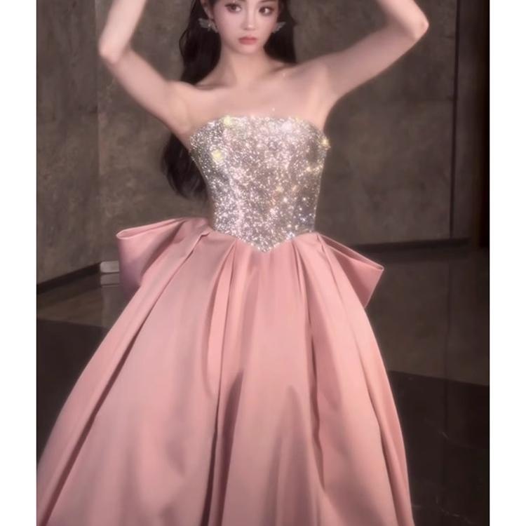 Pink Evening Dress for Women 2024 New High-Grade Tube Top Banquet Temperament Host Birthday Dress 18-Year-Old Adult Ceremony