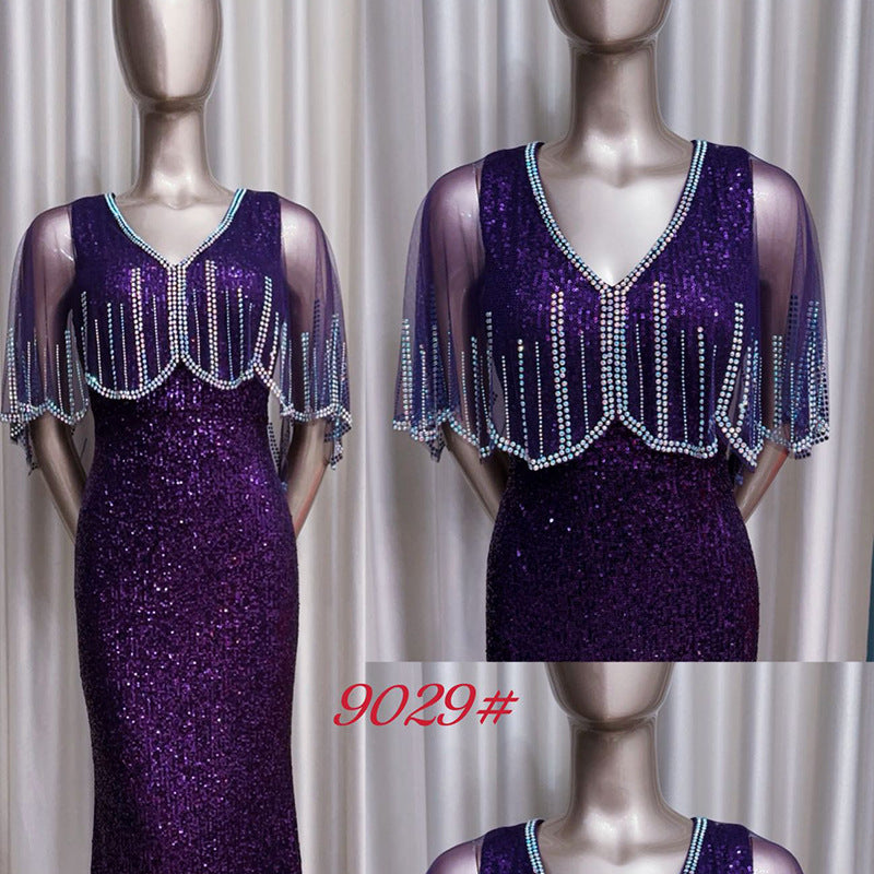 Silver V-neck Sequins Dress plus Size Shawl Fashion Minority Design Birthday Banquet Host Fishtail Dress
