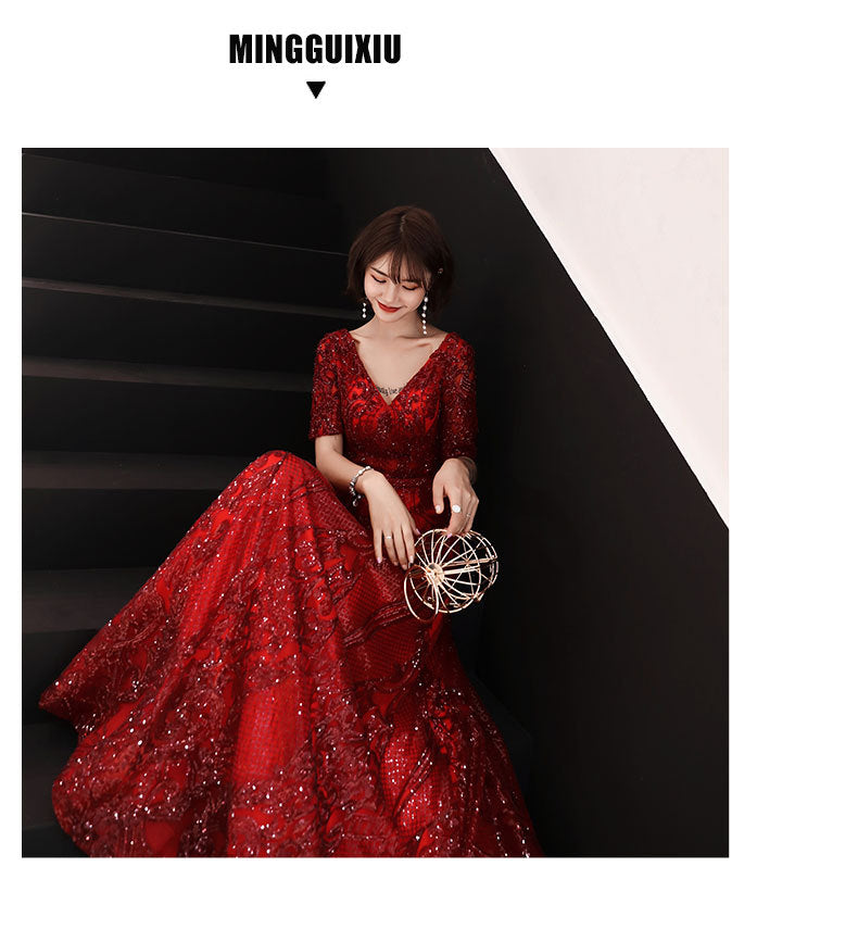 Toast Dress Bride Wedding Evening Dress Temperament Red Engagement Banquet Host Dress Women's Autumn Evening Dress