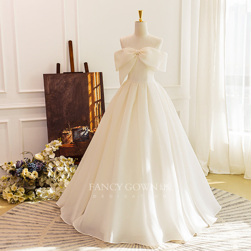 Satin Light Wedding Dress Simple Sweet Bow off-Shoulder Art Exam Slimming Floor-Length Host Banquet Evening Dress for Women