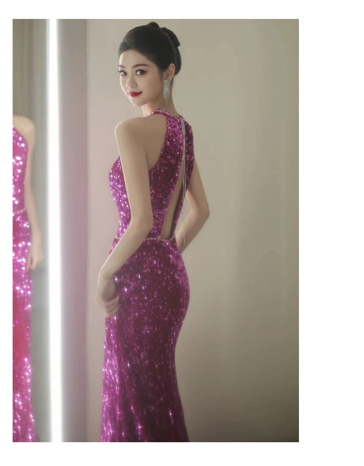 Dragon Fruit Dinner Dress 2024 New Sequined Fishtail Bridal Wedding Toast Backless Party Evening Dress