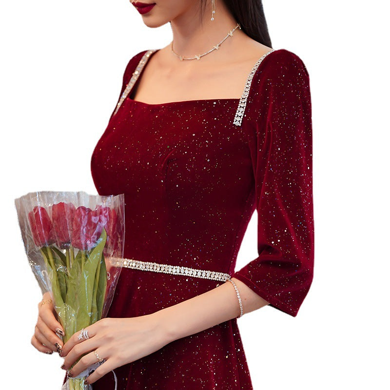 Toast Dress Bride 2024 New Autumn and Winter Fairy Wine Red Engagement Dress Wedding Back Door Toast Dress