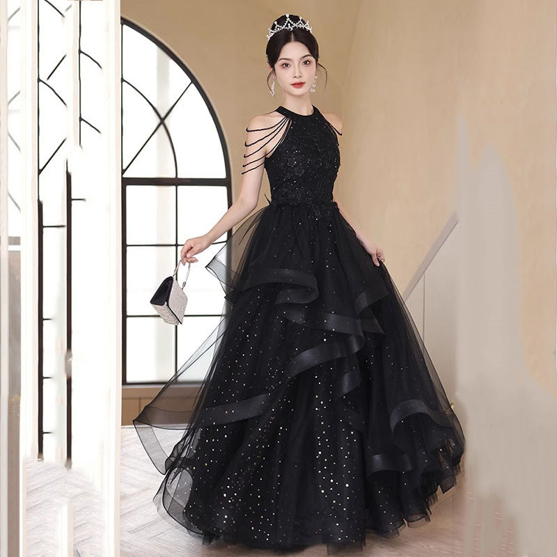 Black Evening Dress 2024 New Banquet Dinner Party Welcome Dress Elegant Host Elegant French Evening Dress for Women