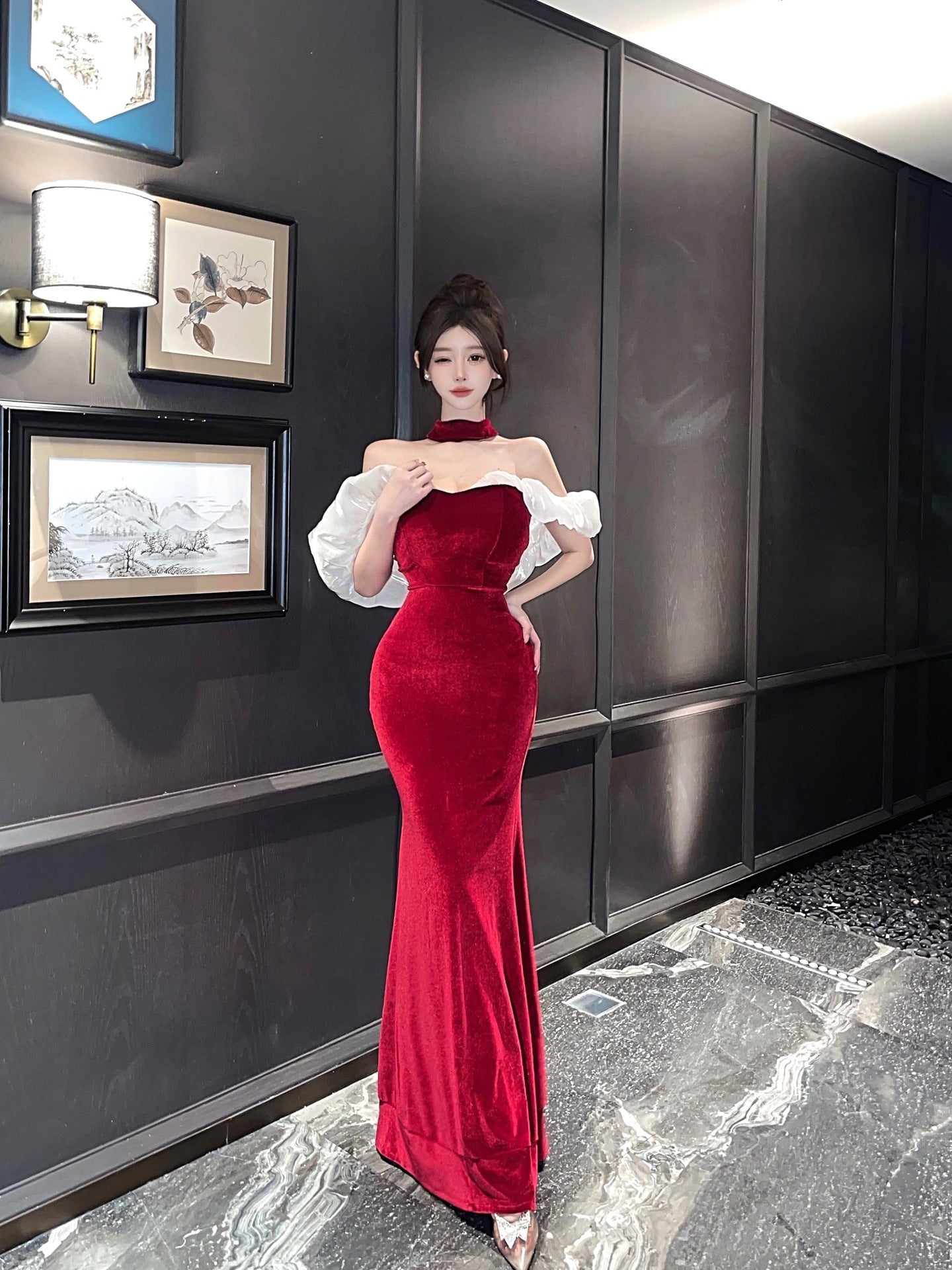 4302 Gold Velvet off-Neck Slim Temperament Slimming Dress Long Fishtail Advanced Banquet Host Evening Wear