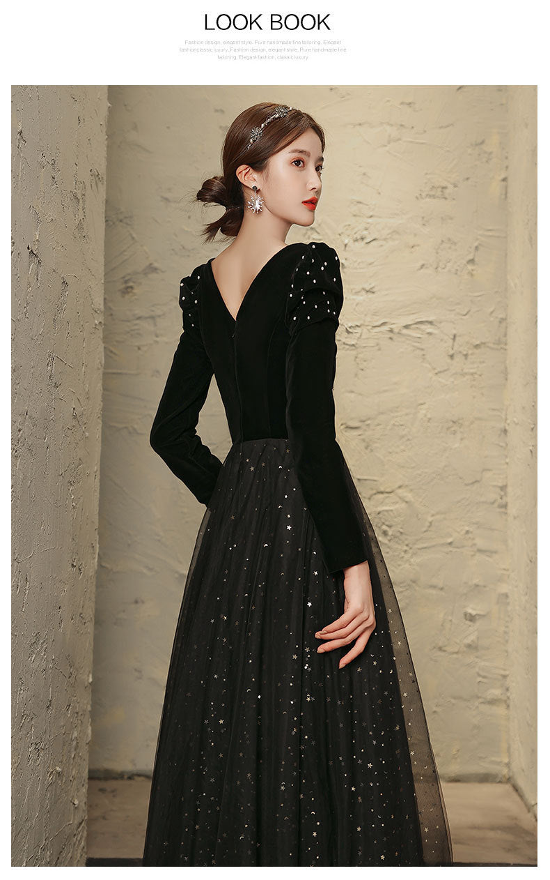 Banquet Evening Dress 2024 New Black Ladies Long Sleeves Graceful Formal Dress Host Performance Dinner Annual Meeting Gift