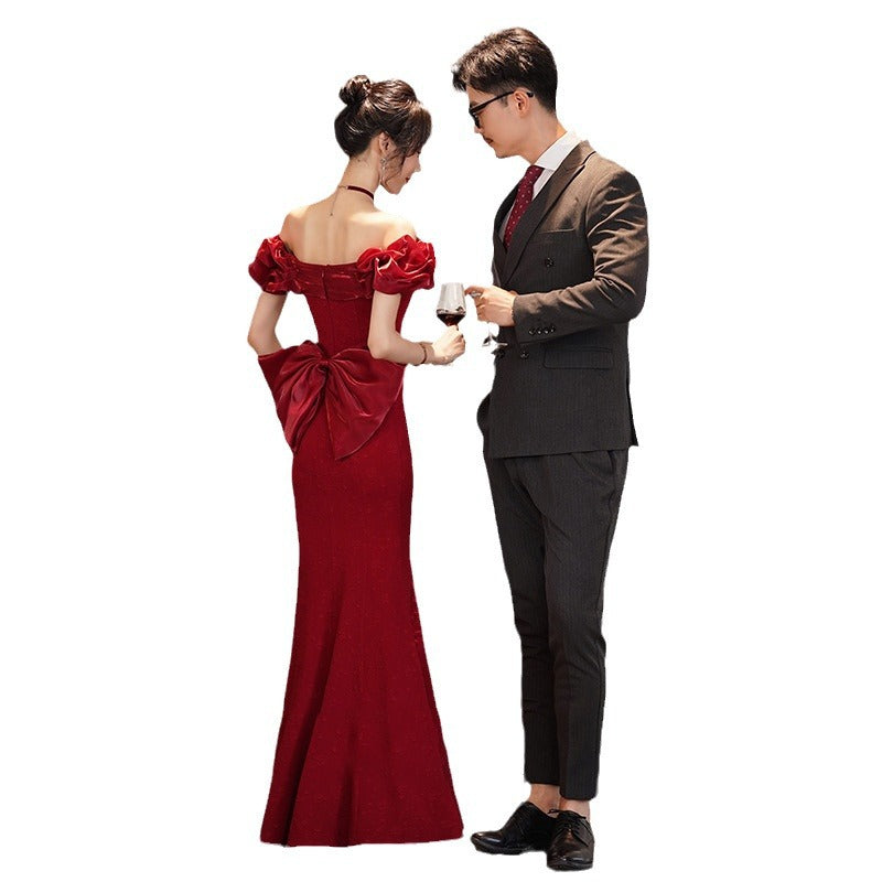 Evening Dress Wine Red  Satin Off Shoulder Ball Gown Host Dress Fishtail Dresses H2903