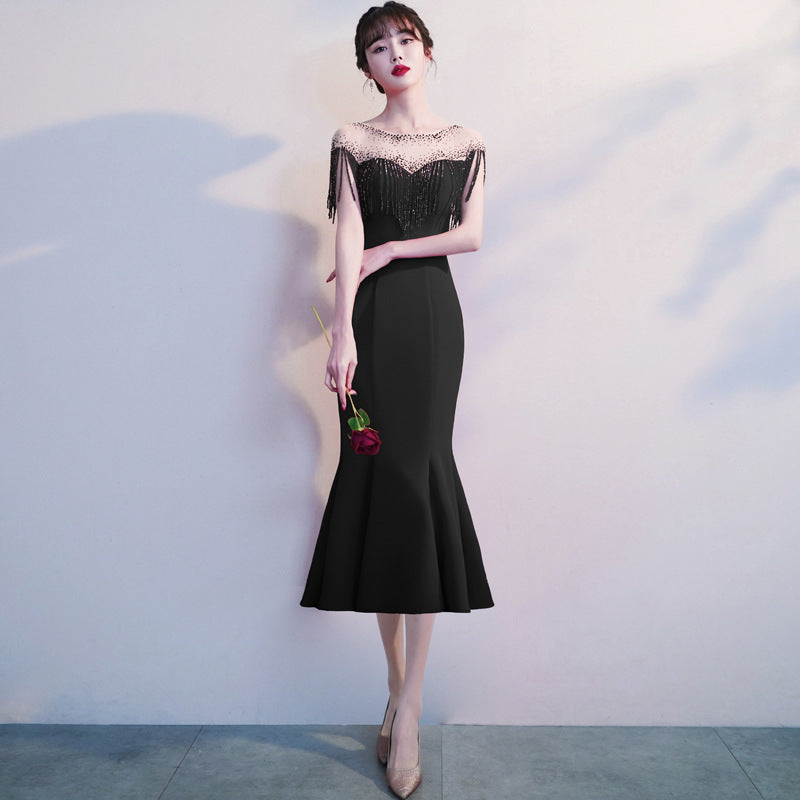 Evening Dress Black Sequin Socialite Dress Host Banquet Dress H2839