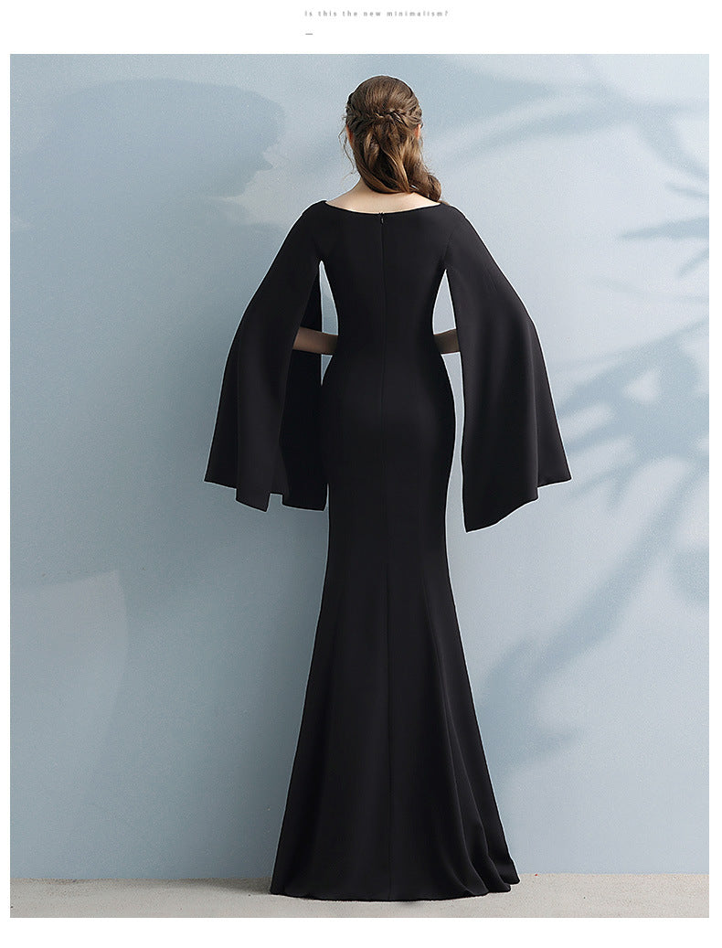 Banquet Dress Bridal Long Sleeve Satin Black Red Fishtail Long Style Long Sleeve Elegant Evening Dresses H18293