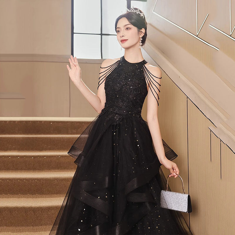 Black Evening Dress 2024 New Banquet Dinner Party Welcome Dress Elegant Host Elegant French Evening Dress for Women