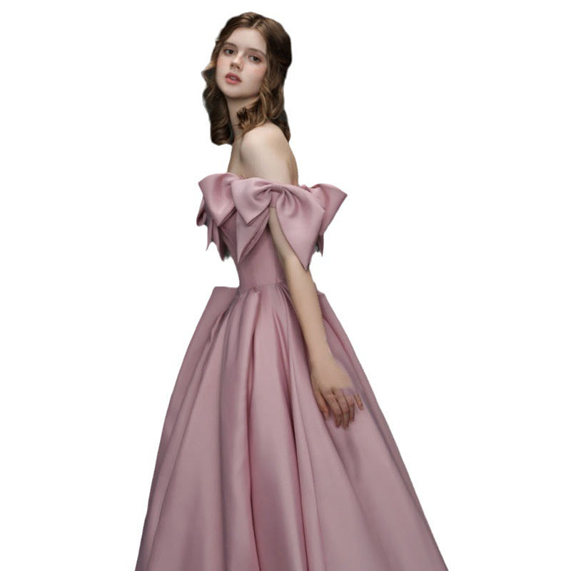 Pink Satin Annual Party Dress Women's 2024 New Banquet Host High-End Engagement Dress Toast Dress Bride