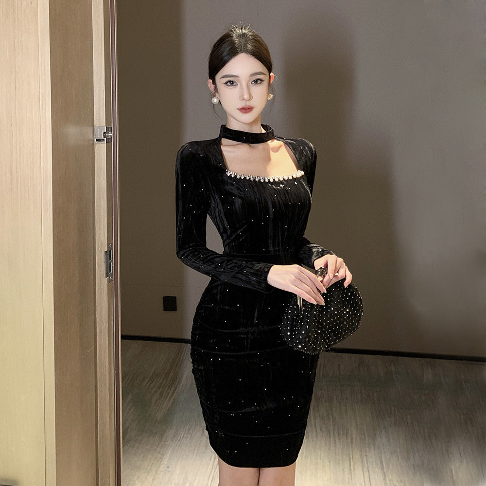 5506 Cross-Border Products in Stock New Autumn and Winter Gold Velvet Beaded Hollow-out Slim Sheath Long Sleeve Sequined Dress Dress