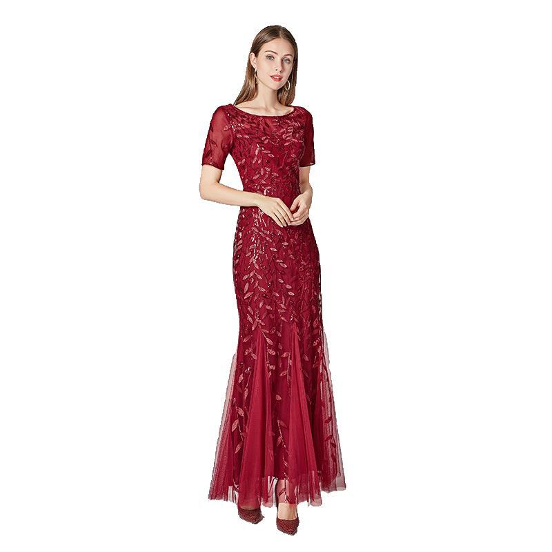 Spring and Summer Cross-Border 2024 Banquet Host European and American Slim Mesh Sequins Evening Dress Fishtail Dress Women