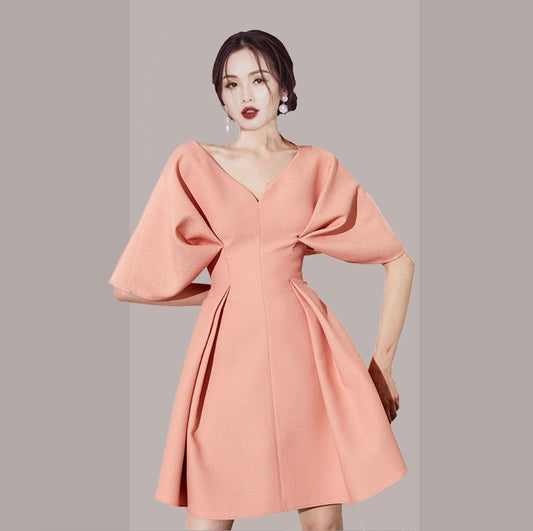 Tanglimei 2024 Spring/Summer Fitted Waist Pleated Slim-Fit Formal Dress Pink Western Style Girly Temperamental Skirt Daily Style