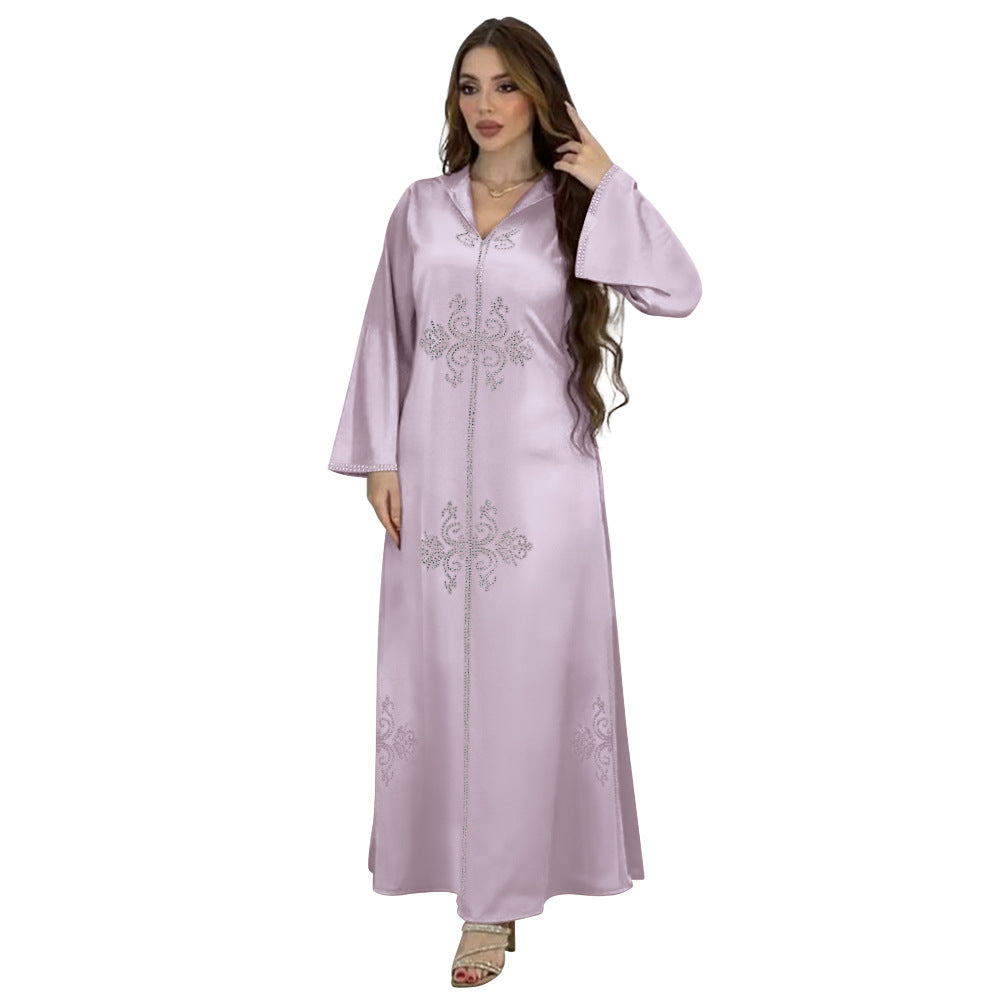 Xqy500157 Middle East Abaya Ethnic Style Dress Hooded Robe Fashion Diamond-Embedded Slits Lower Hem Dress