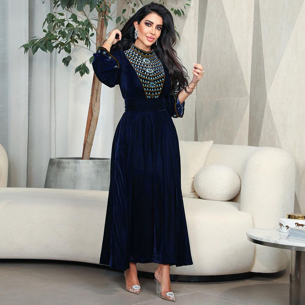 Xqy500219 Muslim Dubai Suede Dinner Dress Robe Blue Water Drop Rhinestone Jalabia Women's Clothing