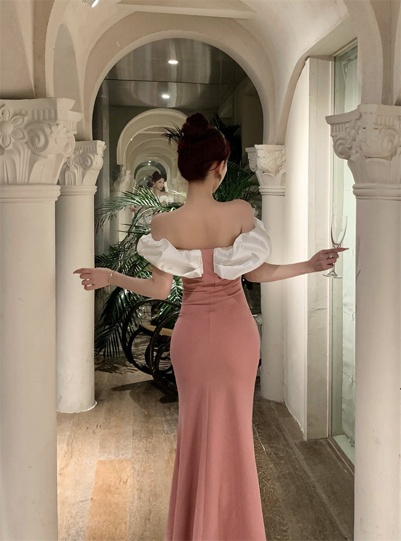 2883 Cross-Border Foreign Trade Women's Clothing Wholesale Southeast Asia off-Shoulder Contrast Color Evening Dress Temperament Slimming Fishtail Dress