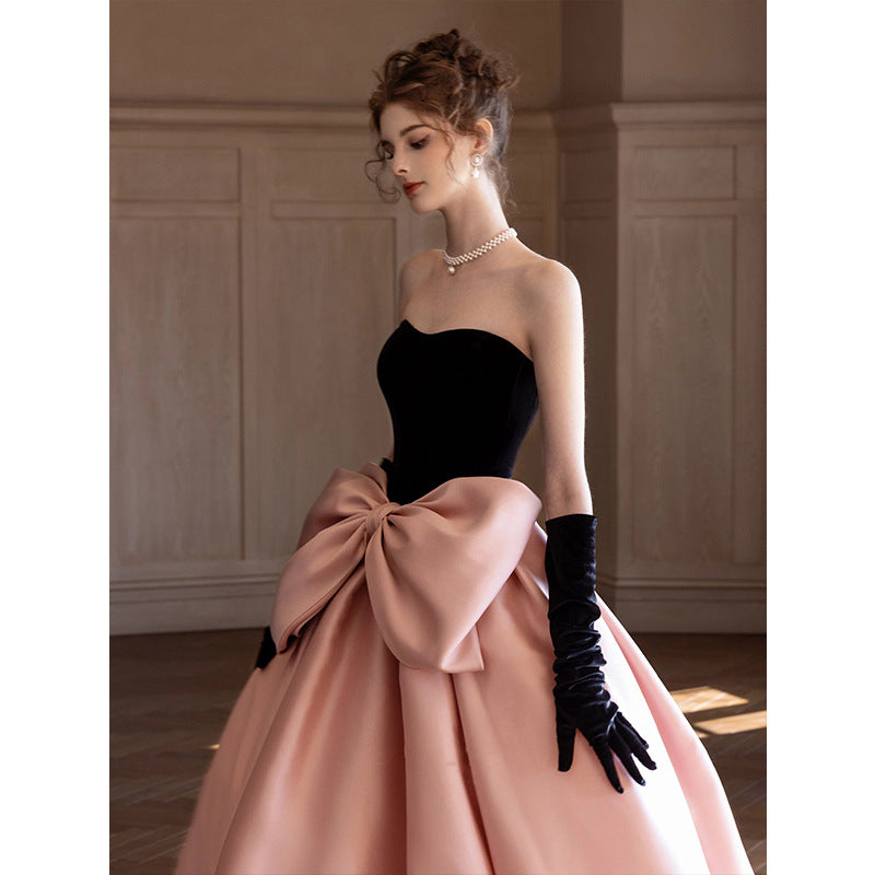 Princess Evening Dress Prom dresses Ball gown dinner party pink skirt Light Luxury Minority Adult Ceremony Birthday Party Bow Bra Trailing Dress  👑 Shimmering Day H00233