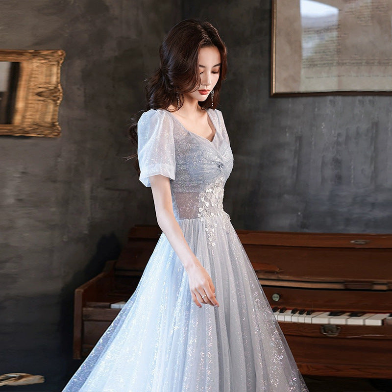 Art Exam Evening Dress Man Blue Female Banquet Temperament Vocal Music Host Costume Socialite Princess Style Dress