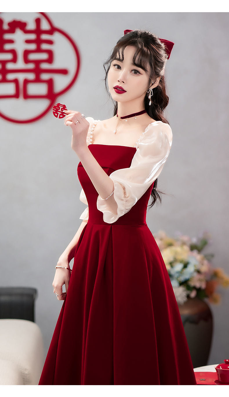 2024 Wine Red High Sense Dinner Suit Summer Dress Toast Dress Bride Daily Style Engagement Dress