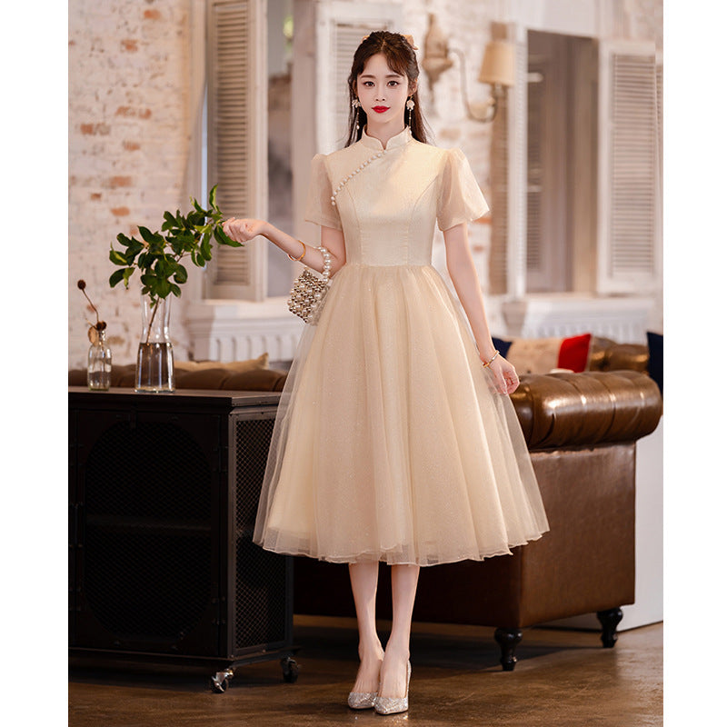 Champagne Little Evening Dress Women's Daily Style Birthday Adult Ceremony Engagement License Registration Dress Spring Mesh