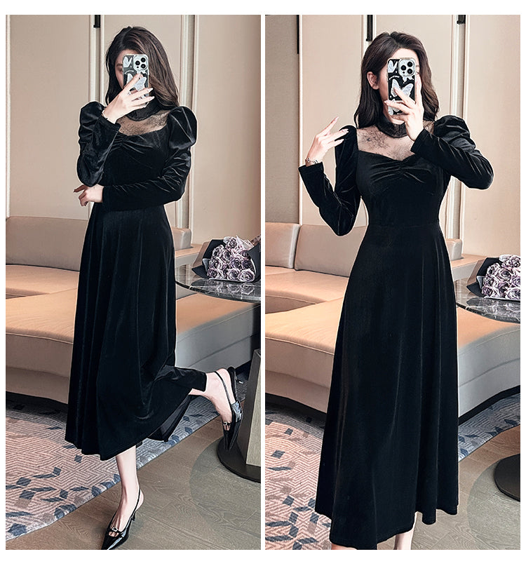 2023 Autumn and Winter Annual Party Party Dress Skirt ~ French Style Hepburn Elegant Half Turtleneck Lace Stitching Velvet Dress