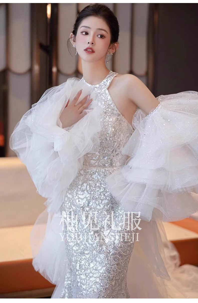 Halter Evening Dress Fishtail Backless Bride Engagement Formal Dress Toast Clothing Light Luxury Minority Design Sense Banquet Host