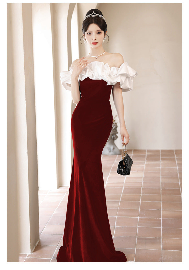 2024 New Summer Red Bardot Temperament Ladies Party Dress Host Dress Slim Fit Fishtail Dress