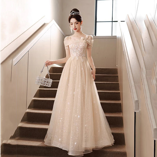 Evening Dress High-End Affordable Luxury Minority Dress Women's Banquet Temperament Dignified Elegant Host Silver Paillette Bel Canto Solo