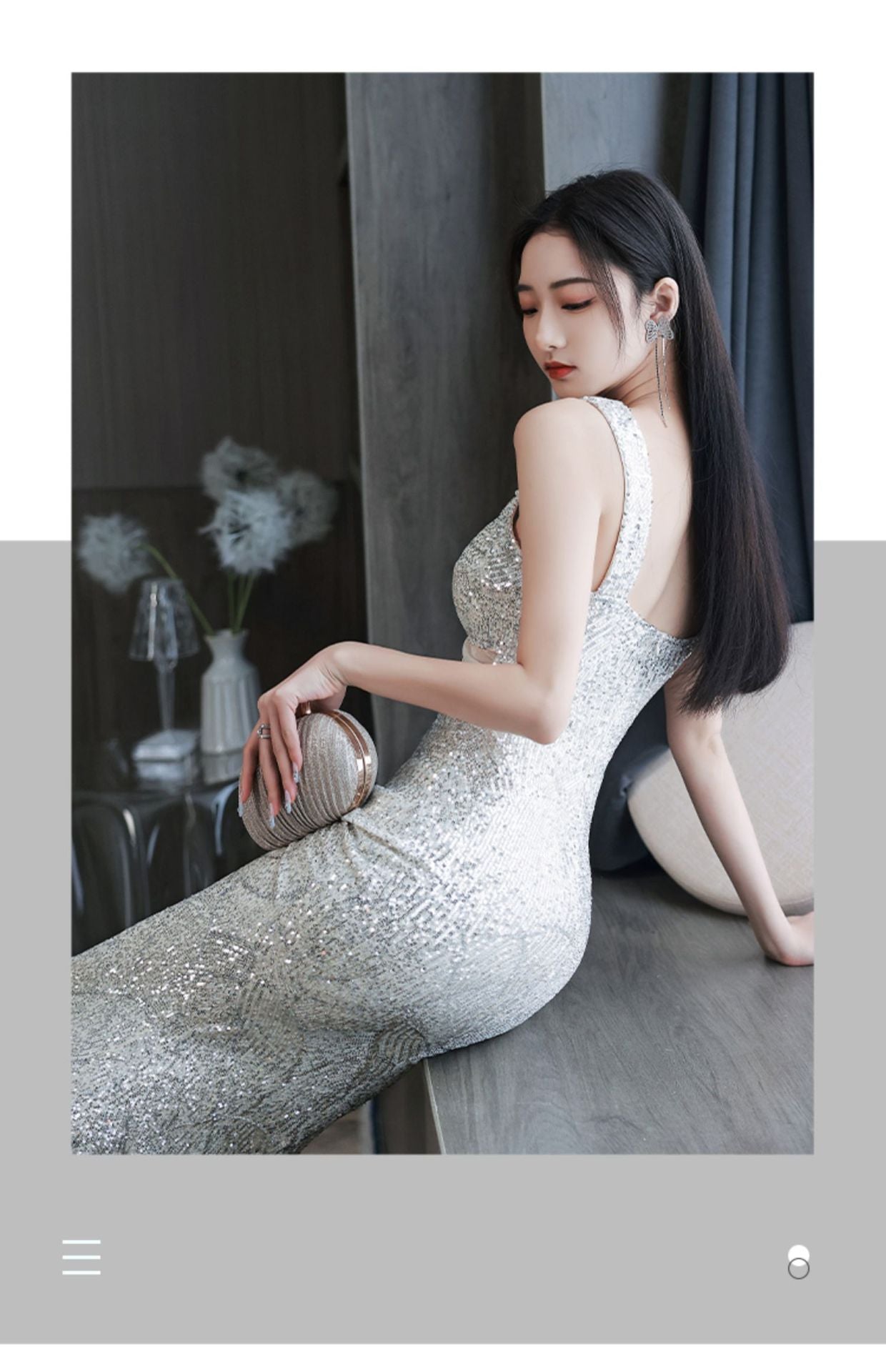 Silver Suspender Evening Dress Bridesmaid Dress Toast Dress V-neck Slimming Dress Banquet Sheath Dress Long Dress