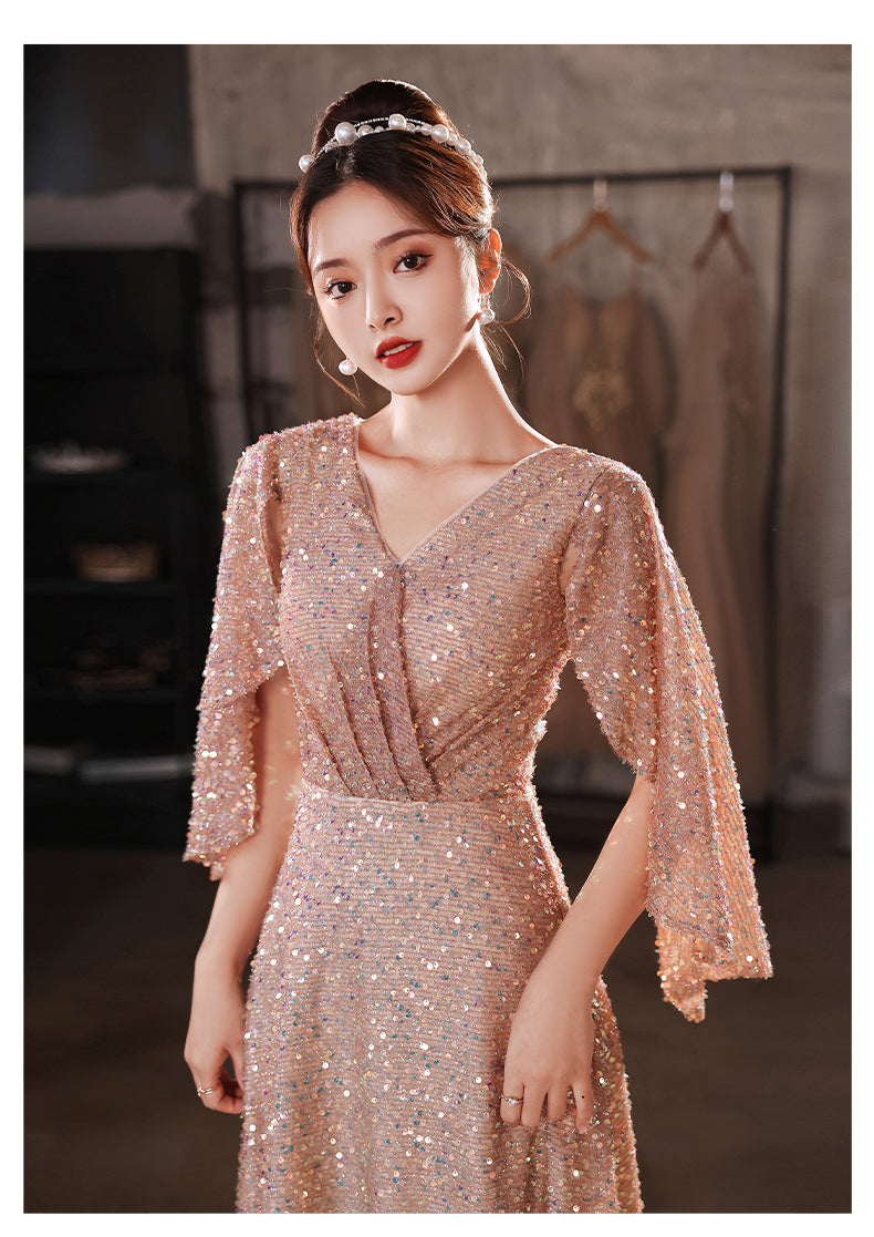 Foreign Trade Cross-Border Supply Evening Dress for Women 2024 New Banquet Socialite Temperament Entry Lux Niche Host Sense Sequins