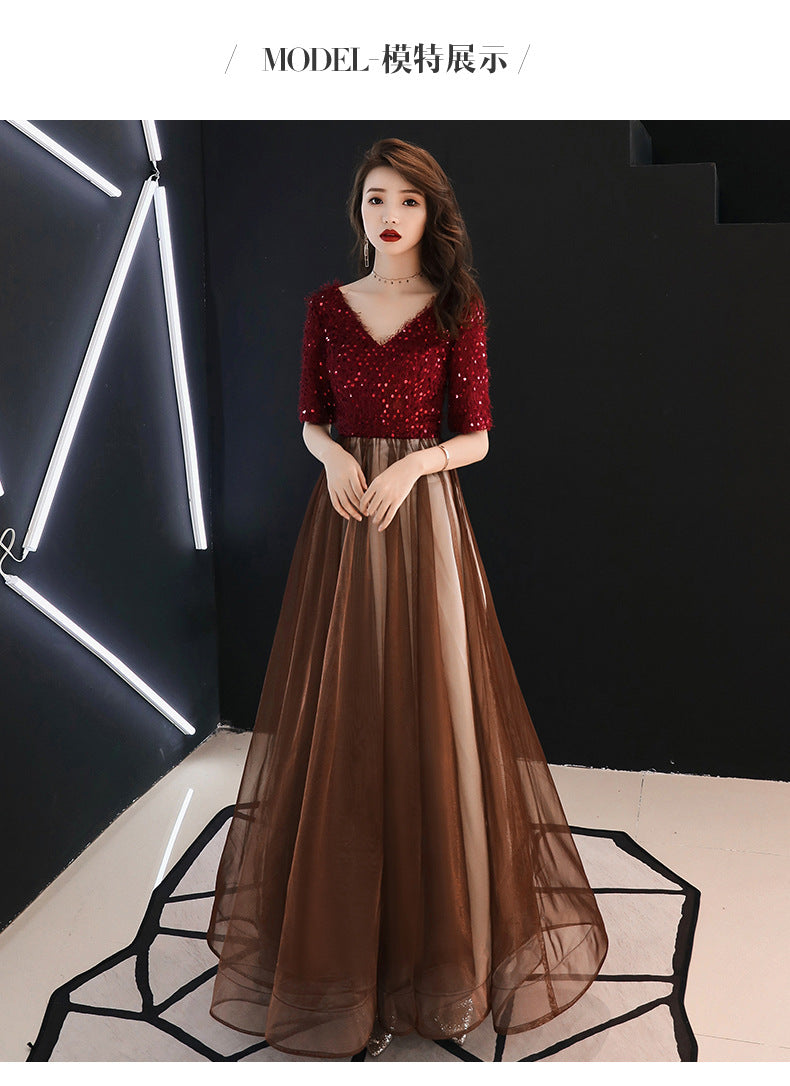 Summer Evening Dress for Women Banquet Temperament Annual Meeting Long Style 2024 New Modern Socialite Host Wine Red Autumn