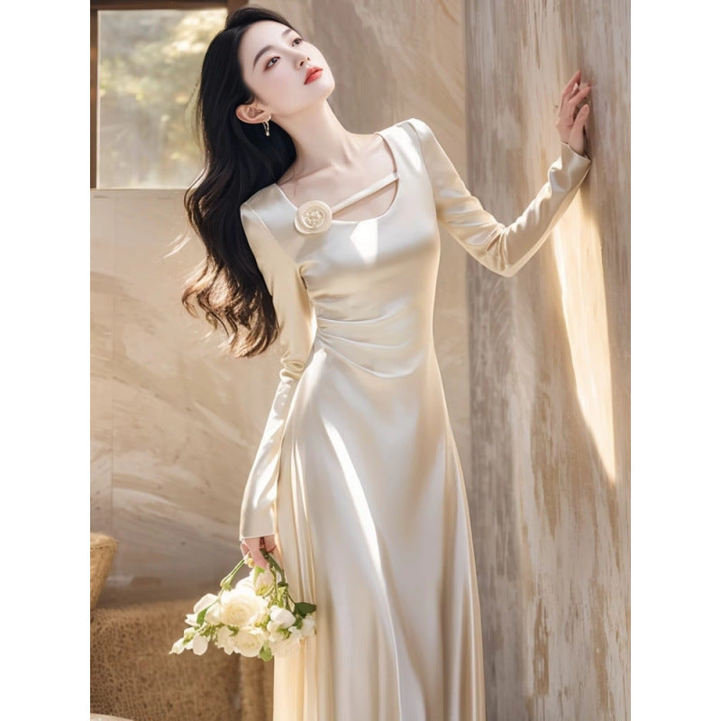 Formal Occasions Elegant White Satin Dress Autumn Wear French High-End Exquisite Classic Style Waist-Slimming Long Dress