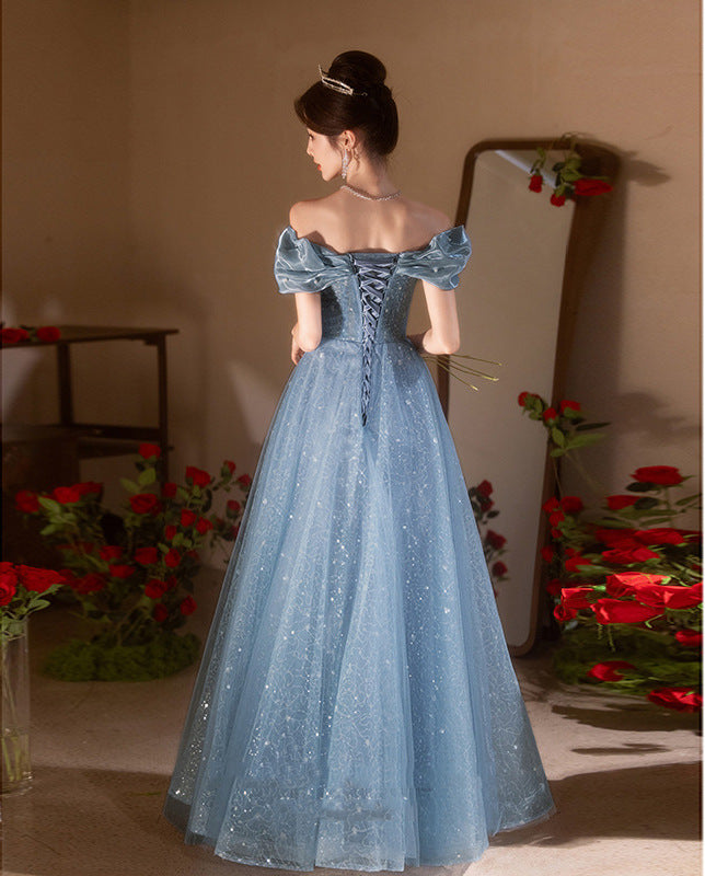 off-Shoulder Blue Evening Dress 2024 New High-End Beautiful Light Luxury Minority Host High Sense Annual Meeting Women