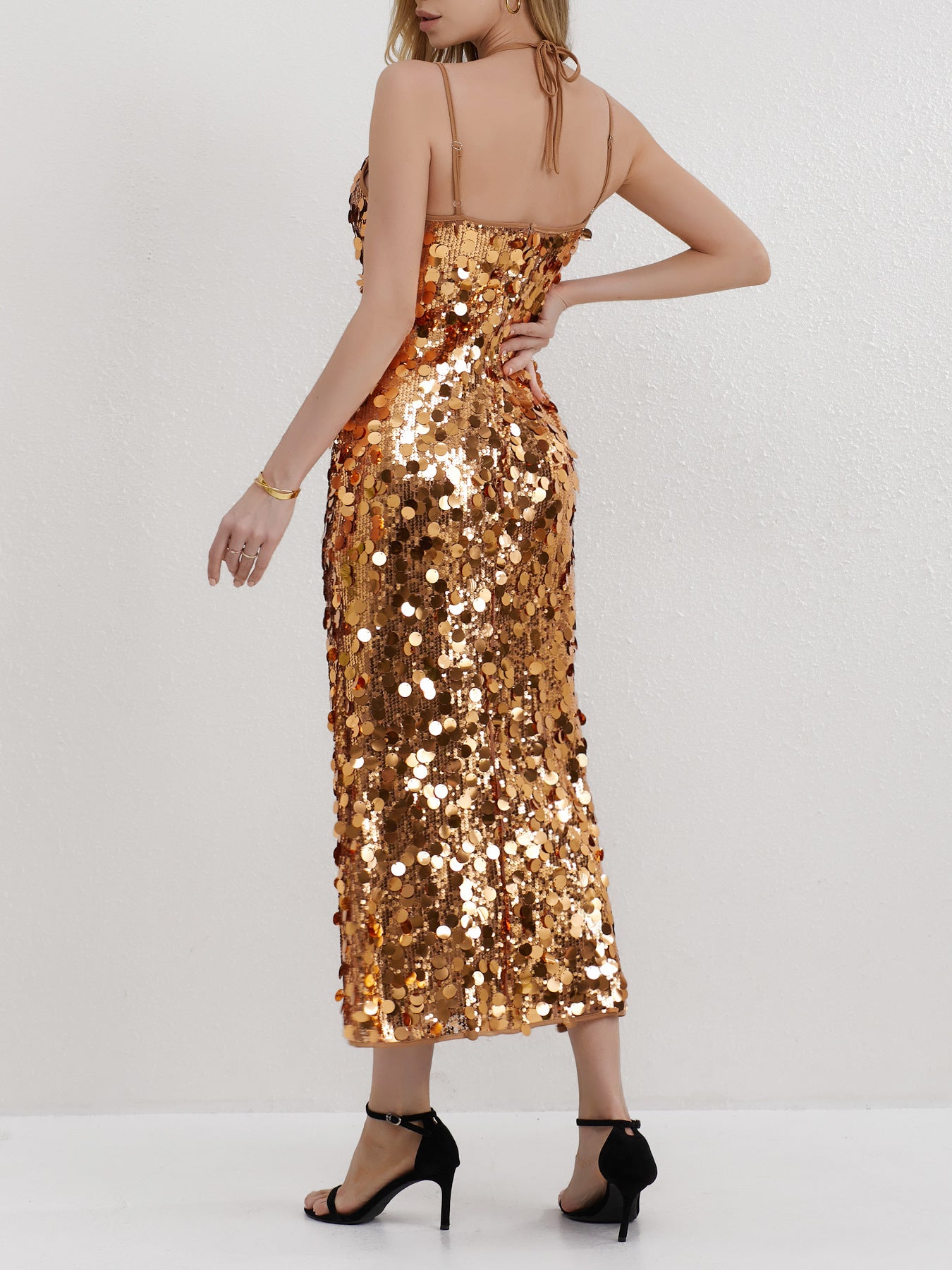 2023 Cross-Border Foreign Trade Spring/Summer New Fashion Sexy Internet Celebrity Gold Big Sequin Sequin Sling Dress Women