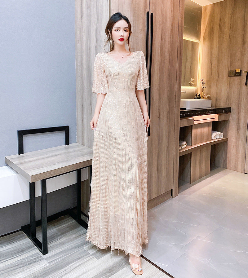 Starry Evening Dress Dignified Temperament Bride Toast Dress V-neck Flared Sleeves Sequined Tassel Slimming Long Dress Women