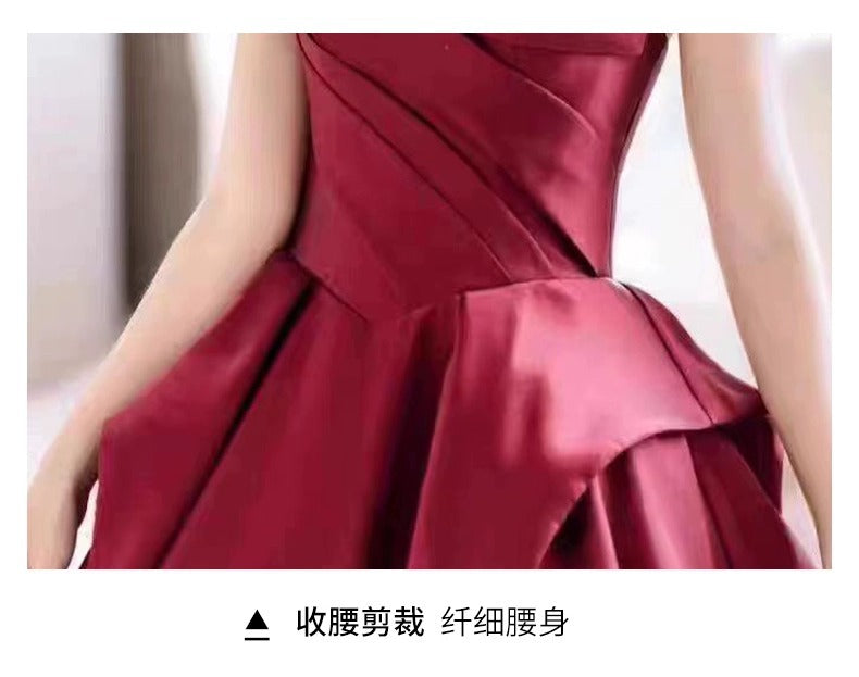 Wine Red Tube Top High-End Bridal Toast Clothing Satin High-End Sense Wedding Evening Dress Host Performance Costume Long