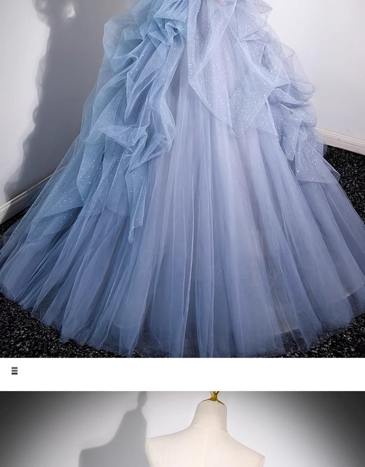 off-Shoulder Evening Dress Haze Blue Piano Performance Adult Ceremony Wedding Dress Bel Canto Solo Blue Gauze Skirt Art Test H2839