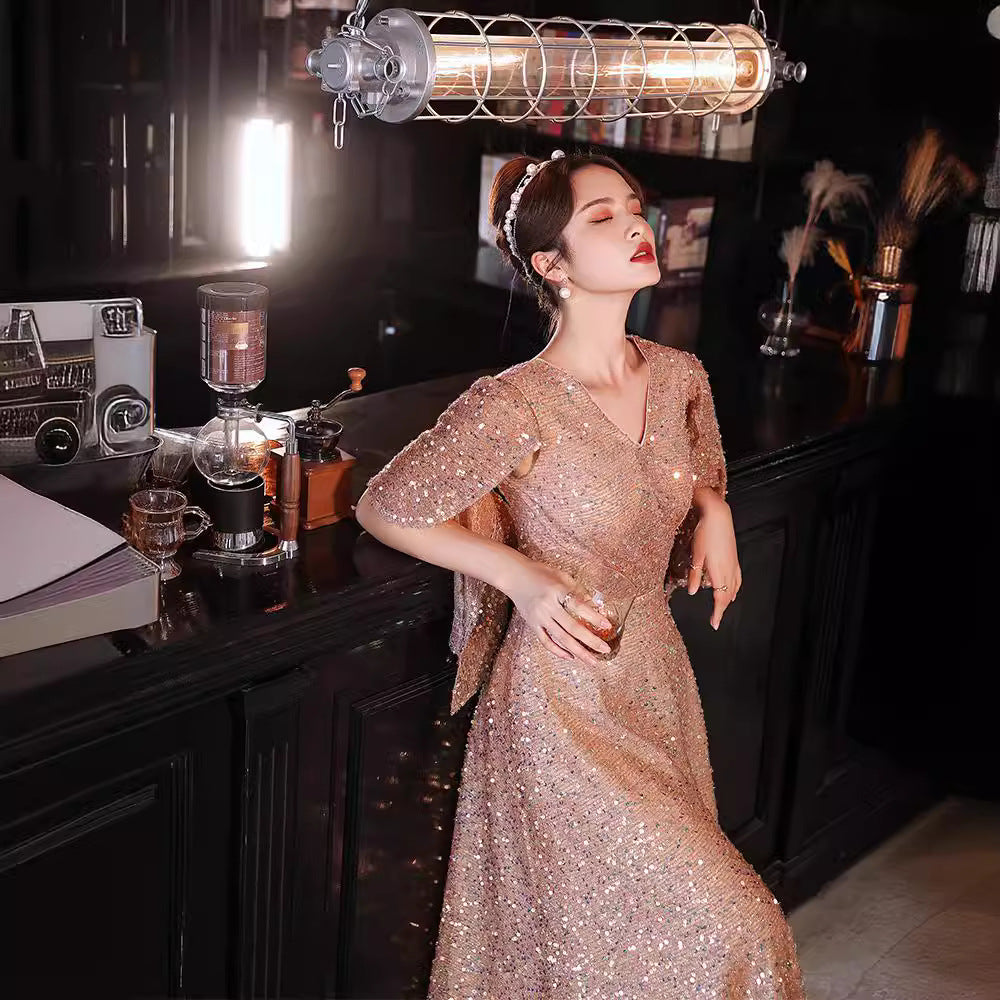 Foreign Trade Cross-Border Supply Evening Dress for Women 2024 New Banquet Socialite Temperament Entry Lux Niche Host Sense Sequins