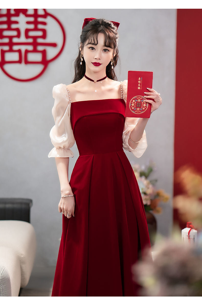 2024 Wine Red High Sense Dinner Suit Summer Dress Toast Dress Bride Daily Style Engagement Dress