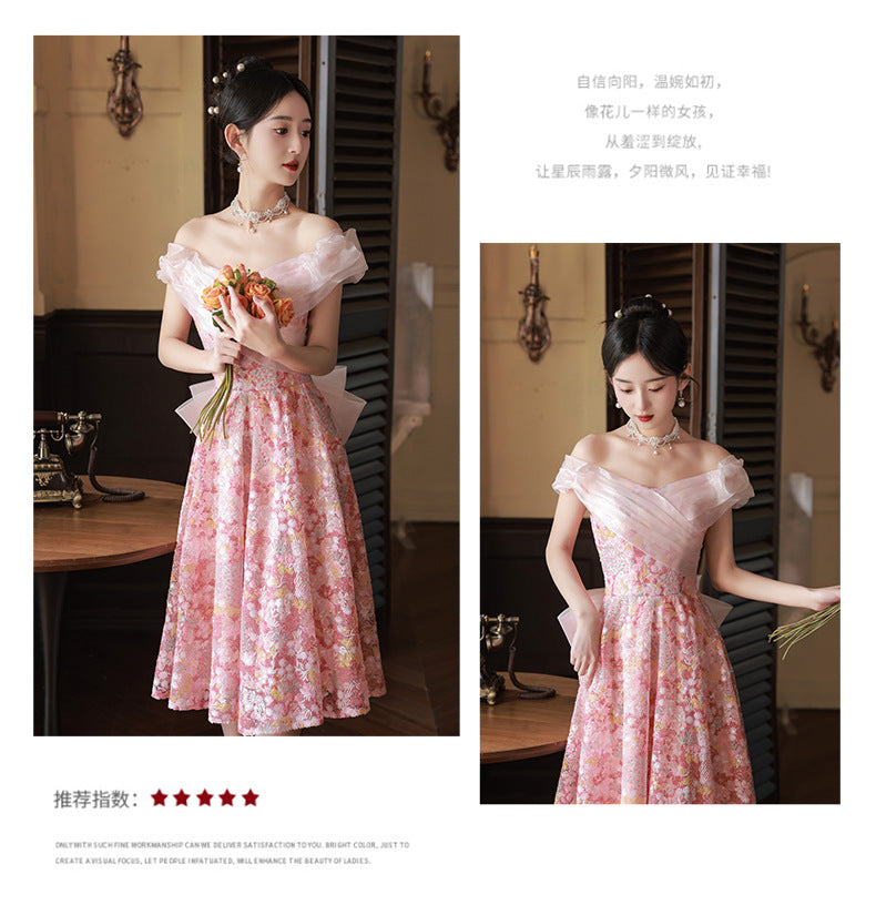 off-Shoulder Slimming Peach Blossom Pink Evening Dress High-End Affordable Luxury Niche Art Exam Solo Dress Engagement License Dress